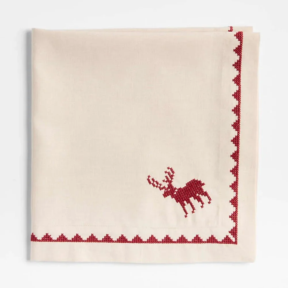 Crate & Barrel Red Cross Stitch Holiday Reindeer Dinner Napkins, Set of 4